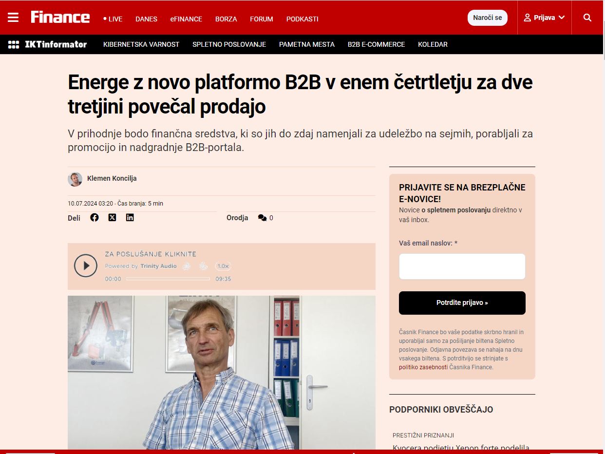 Finance o napredni B2B spletni trgovini za podjetje Energe, ki jo je razvila agencija noviSplet